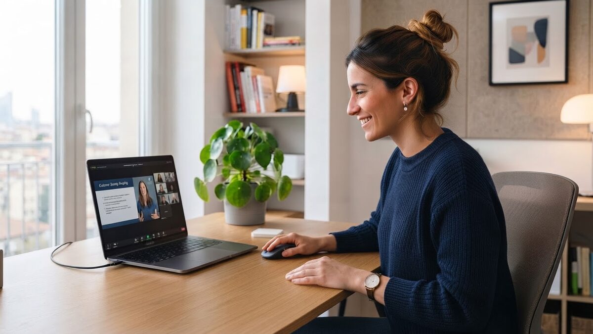 Persona sorridente durante una videoconferenza di lavoro